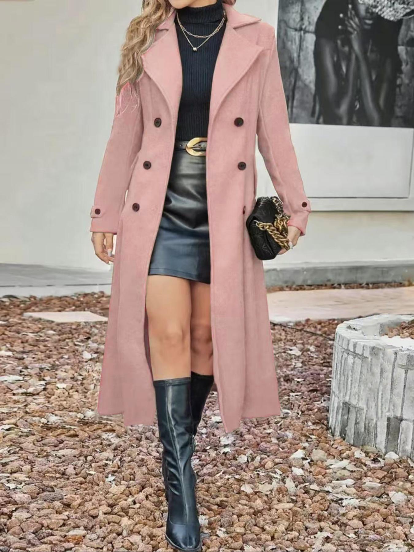 Women's Fitted Solid Color Lapel Long Sleeve Casual Chic Fashion Woolen Coat, Fall Winter Long Line Double Buttoned Overcoat, Ladies Outerwear