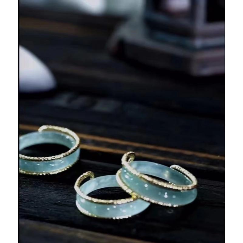 Natural Jadeite A-grade inlaid ring, new style blue water high ice jade ring, tail ring