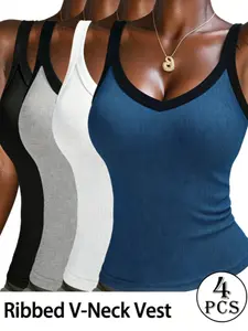 4Pcs Women's Contrast Trim Tank Top, Casual Fitted Sleeveless Design Spaghetti Top for Summer, Women's Clothing for Daily Wear, Contrast Trim Tank Top