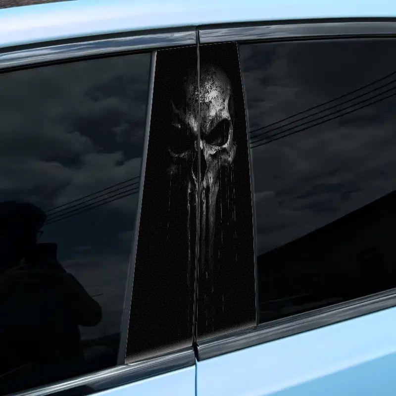 Punisher Skull B Pillar Sticker, Deep and Weathered Design, Cracked Splash Effect, Vertical Drop, Waterproof Car Decal