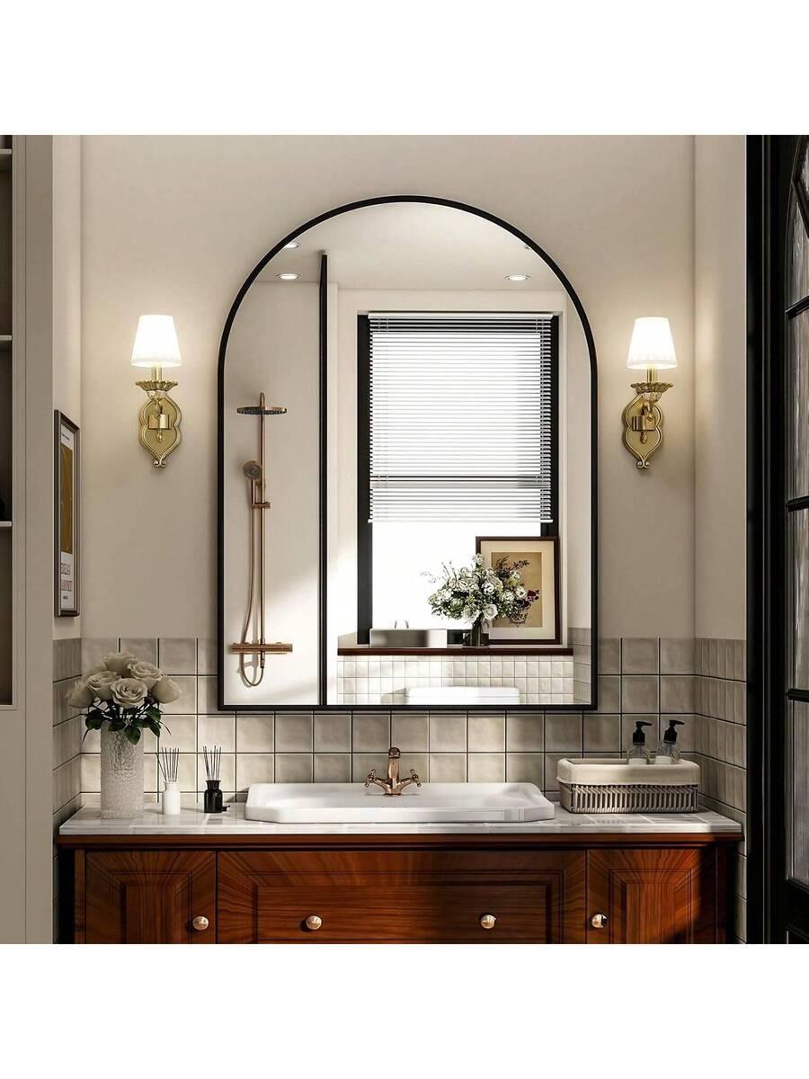Arched Wall Mirror 30x20 Inch - Rust-Proof Metal Frame, Anti-Fog & Shatterproof For Bathroom Vanity, Bedroom, Entryway(Modern Luxury Gold/Black)