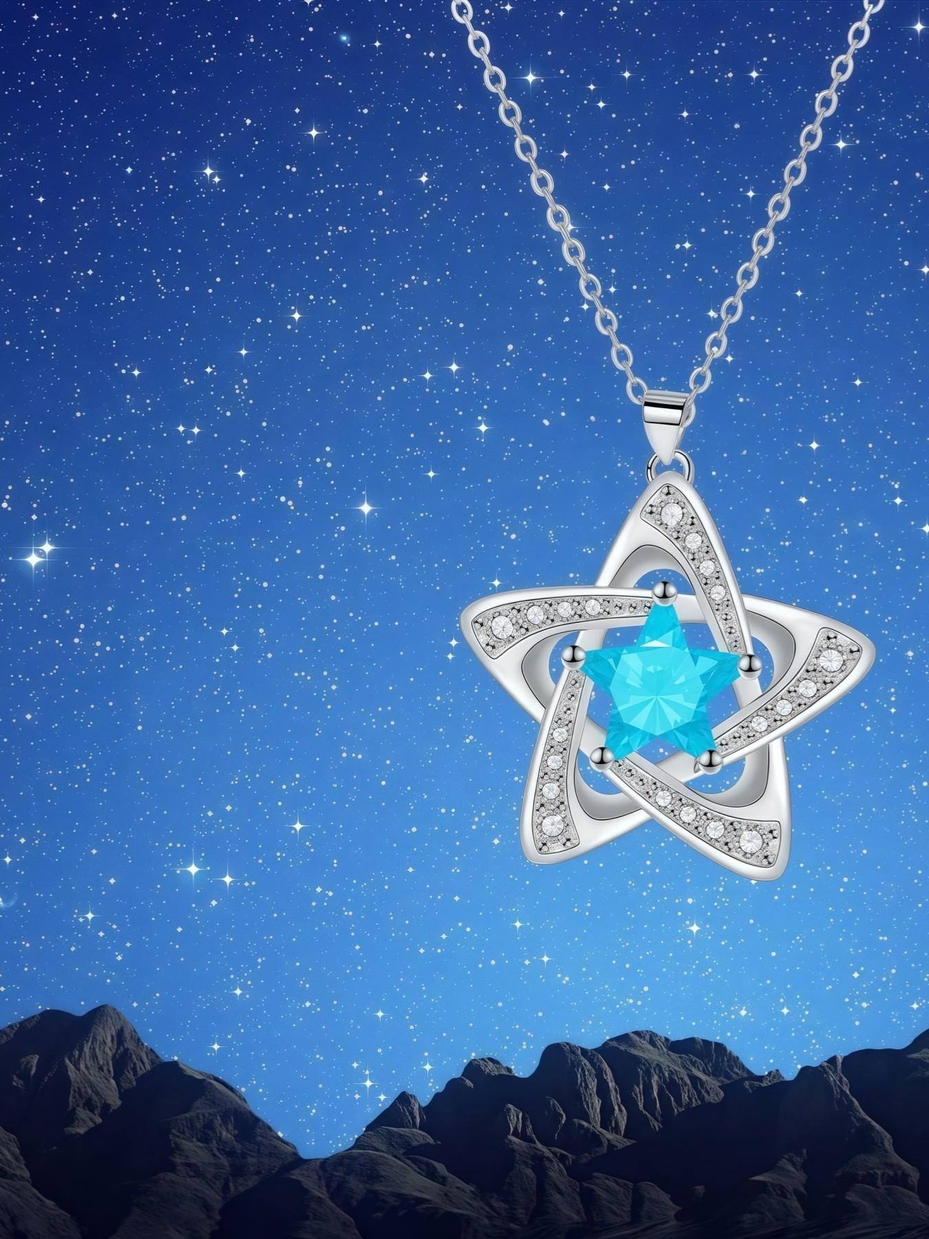 "Blue Diamond Stardust" — Elegant blue pentagram sapphire necklace with preserved rose & eco-friendly moss teddy bear gift box. A perfect mysterious gift for festivals, dates, birthdays for wives or daughters, and Valentine's Day.