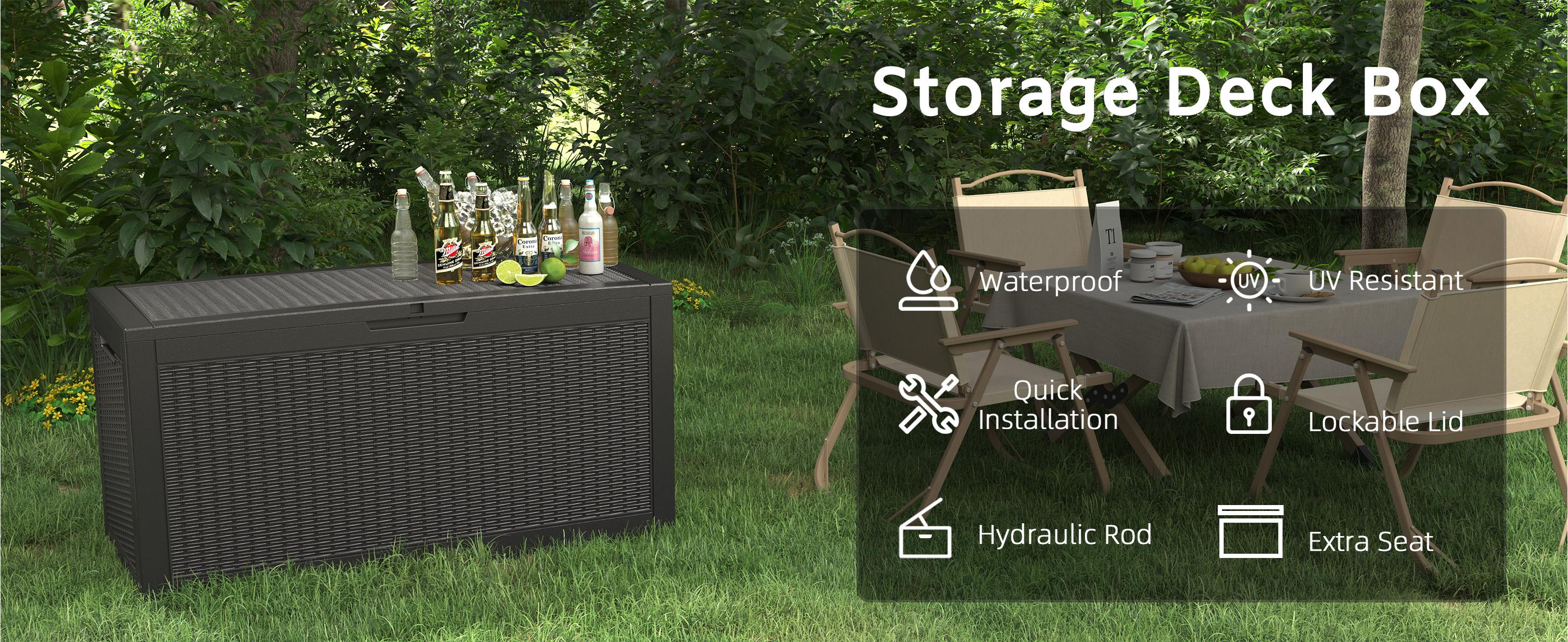 31/60/100/260 Gallon Resin Outdoor Storage Deck Box (padlock not included) – Waterproof, UV-Resistant, Multi-Functional, Lockable, Durable, Storage of tools