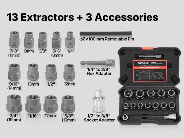 VEVOR Bolt Extractor Kit, 16 Pieces Impact Bolt Nut Remover Set with Adapters and Pin Punch, Solid Storage Case, Cr-Mo Steel for Removing Damaged, Rusted, Stripped, Rounded Bolts, Nuts and Screws