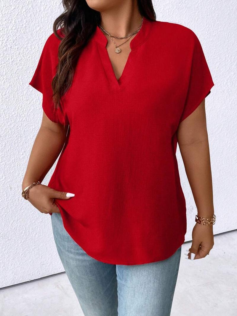 Plus Size Women's Solid Color V-Neck Batwing Sleeve Short Sleeve Casual Loose Fit Top, Comfortable and Stylish Everyday Wear