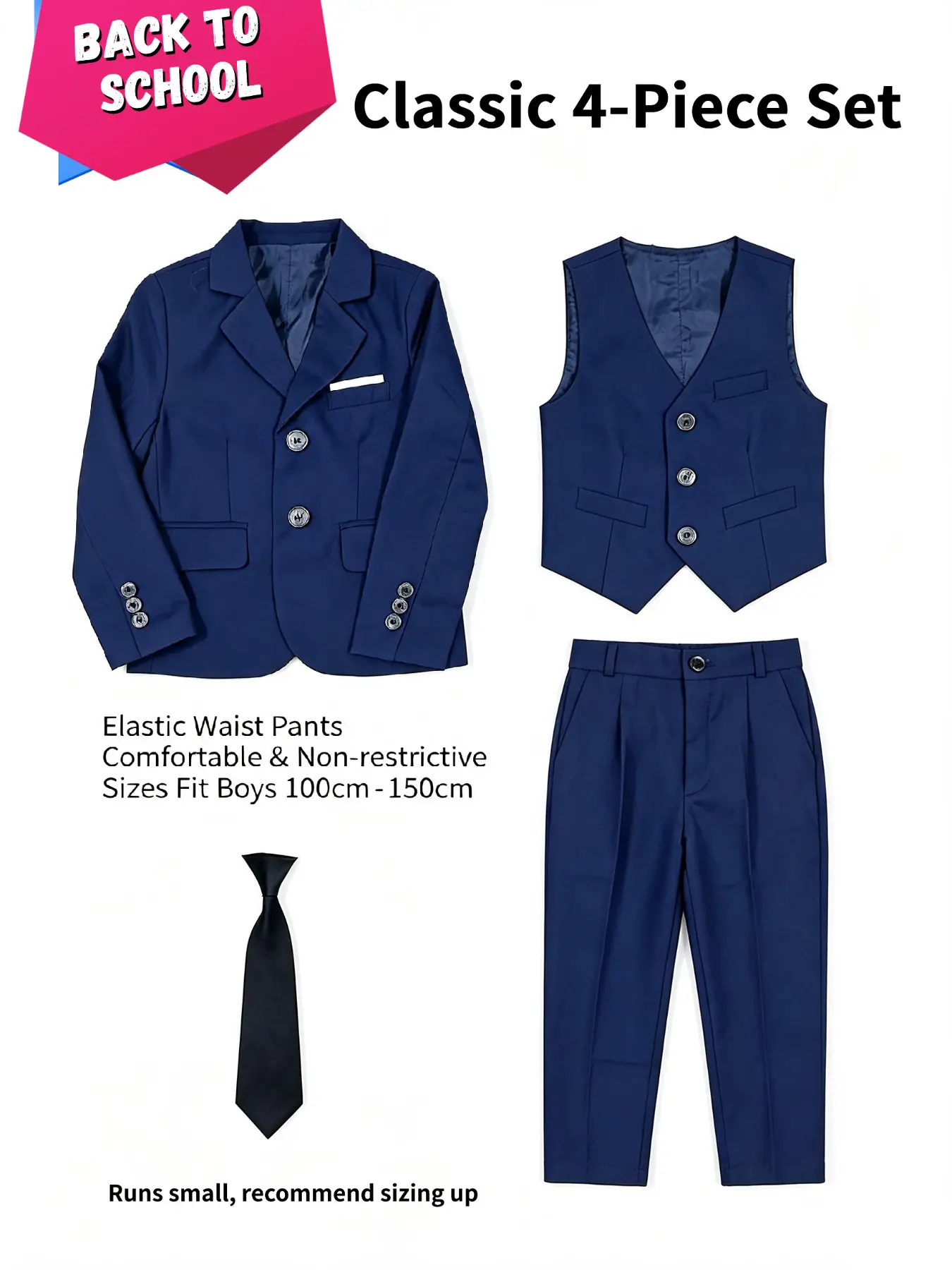 Boys 4 Piece Suit Set, Jacket + Vest + Pants + Tie, Premium Fabric Elegant Outfit for Toddlers Kids Teen Boys, Ideal Gift for Back to School, Wedding, Graduation & Church, Fit Height 100-150CM！