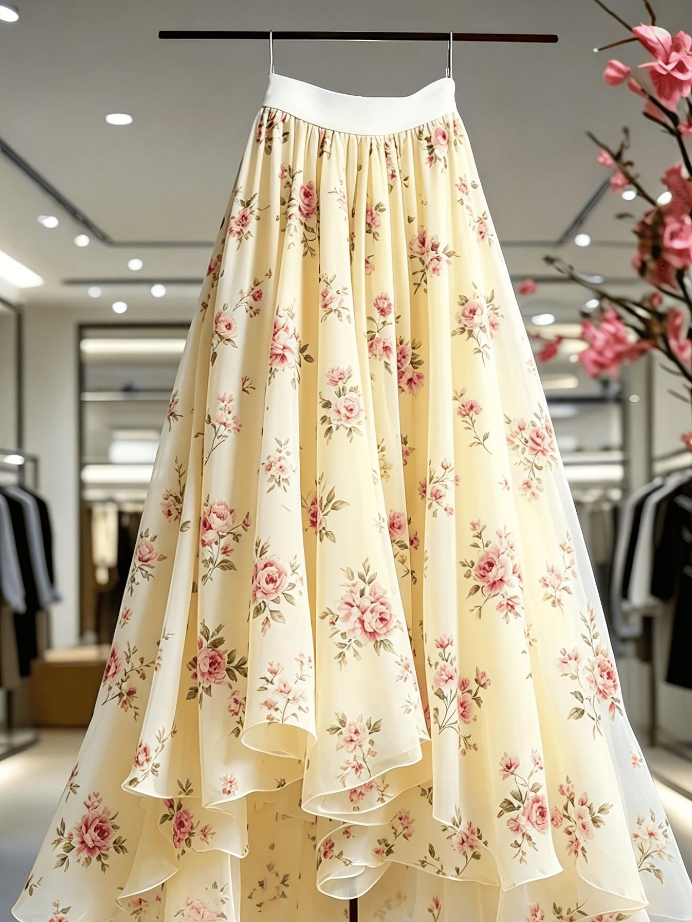Elegant New Women's Midi Skirt, Lace Mesh Floral Print Skirt, Flowy Skirt, Loose Skirt, Vacation Casual Office Skirt, Four-Season Wear, Clothes, Elegance