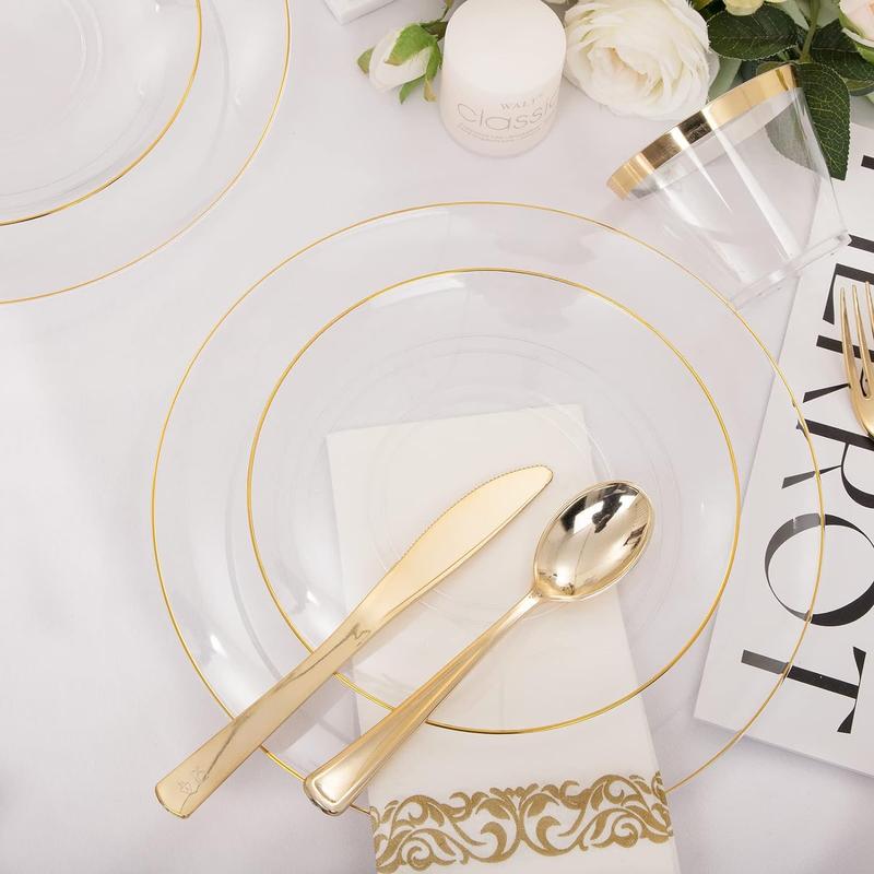 Gold/SilverDisposable Plates and Silverware Set: Dinner Plates,Dessert Plates, Cups,Napkins,Knife, forks, spoons 70 of each.-Perfect for Party Gold/SilverDisposable Plates and Silverware Set: Dinner Plates,Dessert Plates, Cups,Napkins,Knife, forks, spoons 70 of each.-Perfect for Party