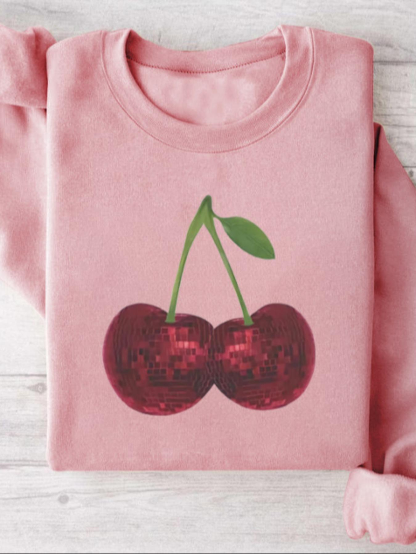 Women's Cherry Print Crew Neck Sweatshirt, Fashion Casual Long Sleeve Pullover for Fall & Winter, Women's Clothes for Daily Wear