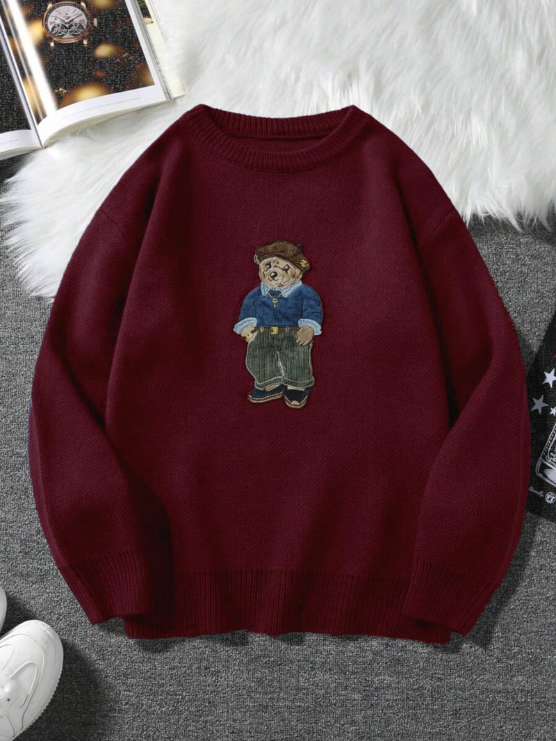 Cartoon Bear Detail Crew Neck Sweater, Casual Loose Long Sleeve Jumper for Fall & Winter, Fashion Ladies' Knitwear for Daily Wear