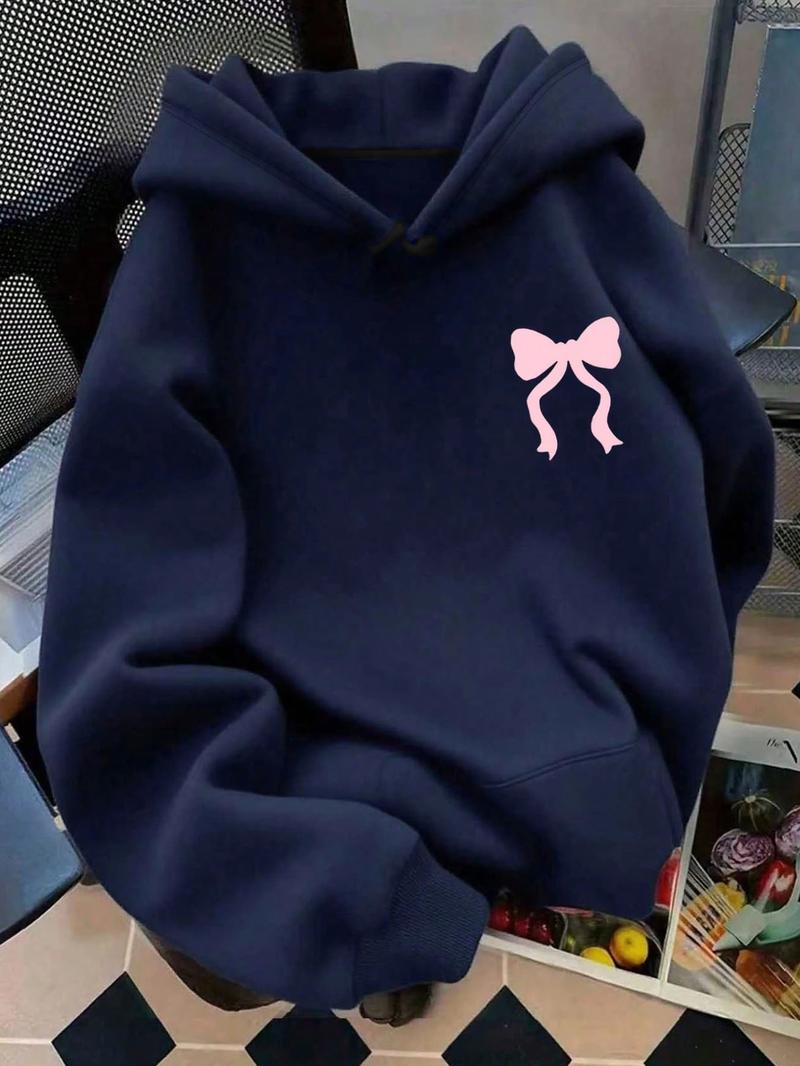 Women's cool and cute trendy number bow print hoodie, kangaroo pocket, drawstring hooded sweatshirt, fashionable autumn and winter wear, Graphic Hoodies