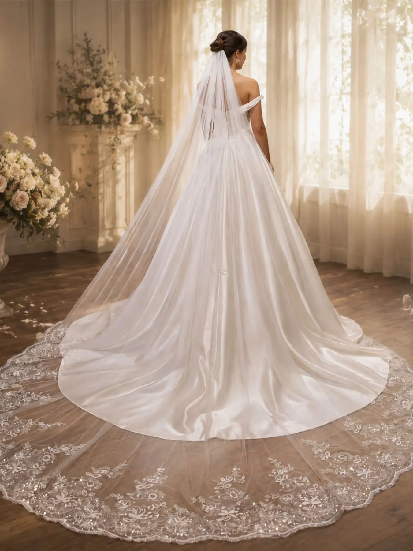 This 3-meter-long wedding veil features exquisite floral embroidery and lace edging along the hem. Crafted from soft tulle, it comes with a concealed hair comb. This romantic, long veil is perfect for church weddings and wedding photography.
