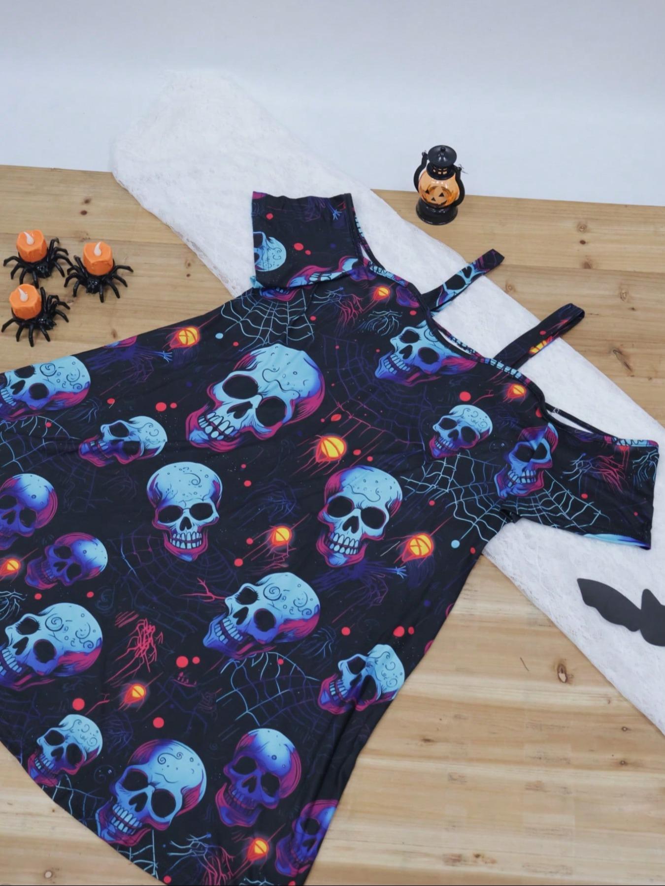 Summer Women's Short Sleeve Hollow Out Spaghetti Strap Fashion Elegant Fitted Halloween Skull Print Dress, Lady, Casual Cut Out, Comfortable Fit, Stylish and Trendy, Perfect for Casual Wear, Womenswear