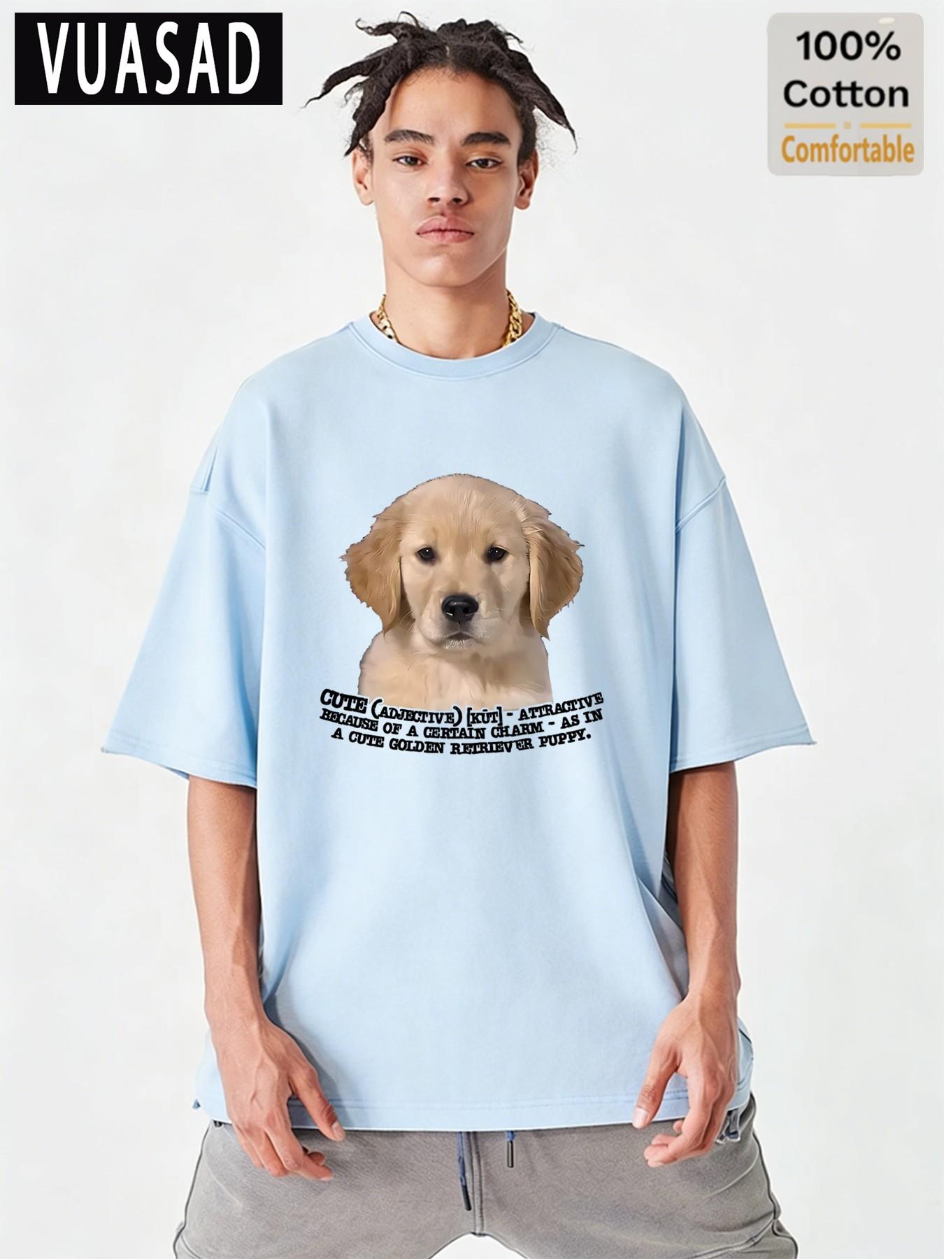 Adorable Golden Retriever Puppy Print Short Sleeve T-Shirt, Men's Loose-Fit Drop Shoulder Cotton Top, Casual Fashion Long Tee