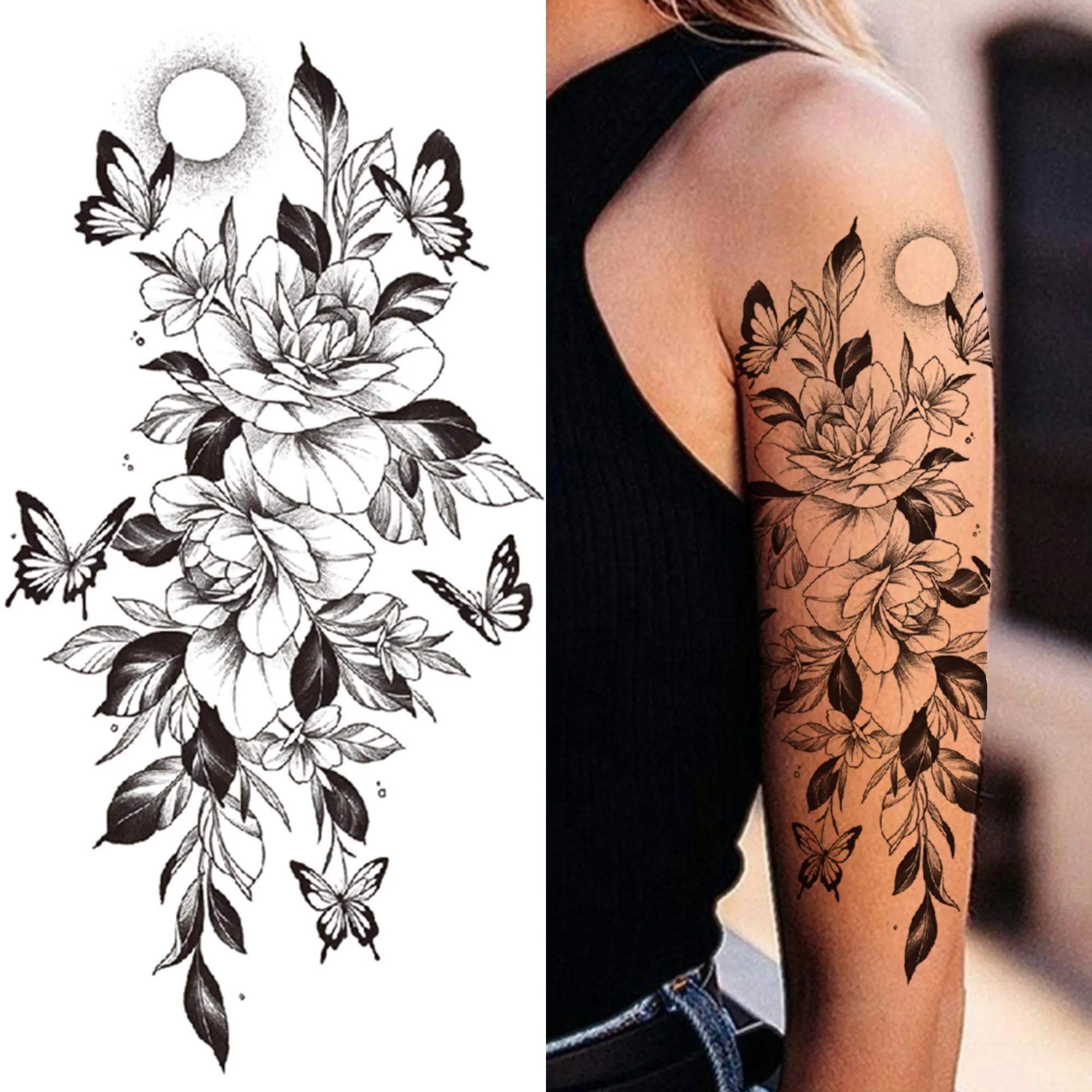 9pcs Death Skull Flower Temporary Tattoo For Women Girls Snake Bird Peony Tattoo Sticker Black Fake Blossom Sexy Tatoo Transfer Adult