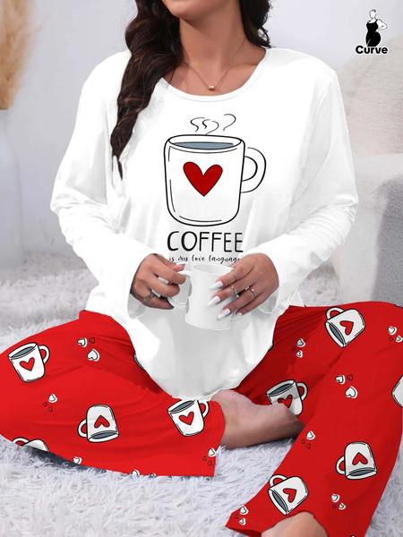 【Plus Size】 Two-piece Set Heart & Letter Print Tee & Pants Pajama, Casual Comfy Round Neck Long Sleeve T-shirt & Trousers Pajama Set, Women's Sleepwear for All Seasons