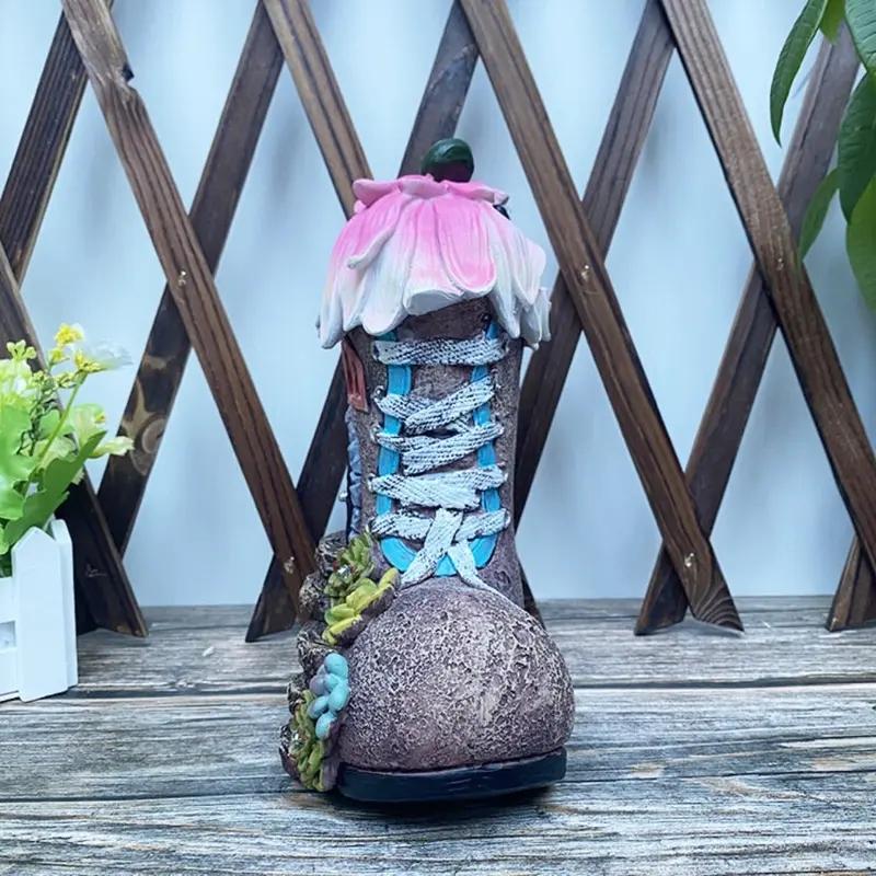 Outdoor Solar Boot House Resin Statue, Colorful Mushrooms, Flowers & Climbing Vine, Fairy Tale Garden Decor, Yard, Balcony, Lawn Ornament