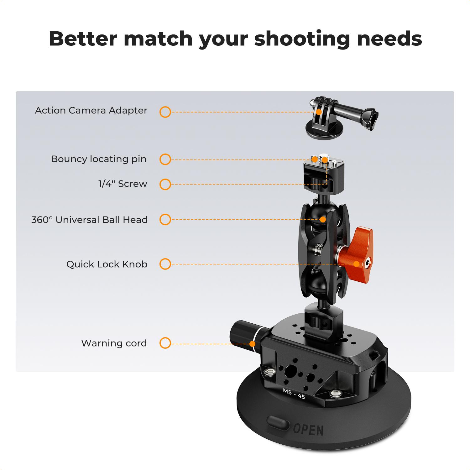 【K&F CONCEPT】4.5" Suction Cup Camera Mount with Magic Arm, ARRI Style 1/4" 3/8" Threads, Quick Release Car Mount Compatible with Gopro DJI Insta360 for DSLR Action Camera Phone Video Shooting