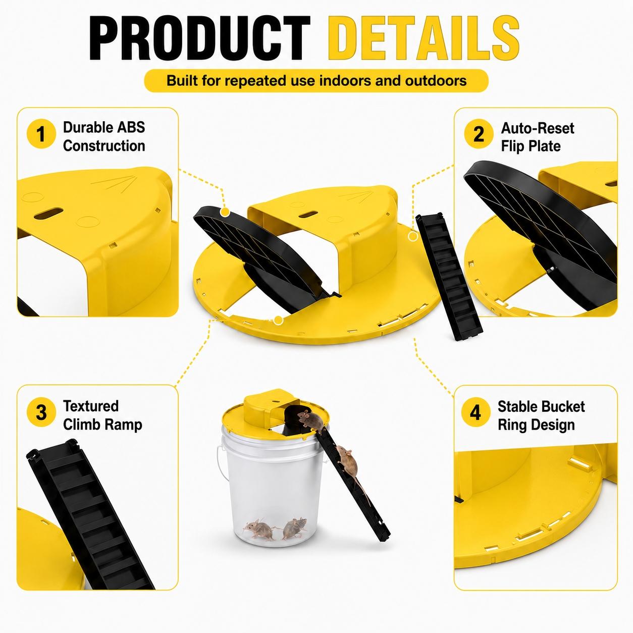 4PCS Flip N Slide Bucket Lid Mouse Trap Kit, Reusable Auto-Reset Multi-Catch Climb & Repeat Rat & Mouse Trap with Ramp, Durable ABS Indoor Outdoor Pest Control, No-Touch Rodent Catcher for Home Garage Kitchen Basement Yard, Bucket Not Included