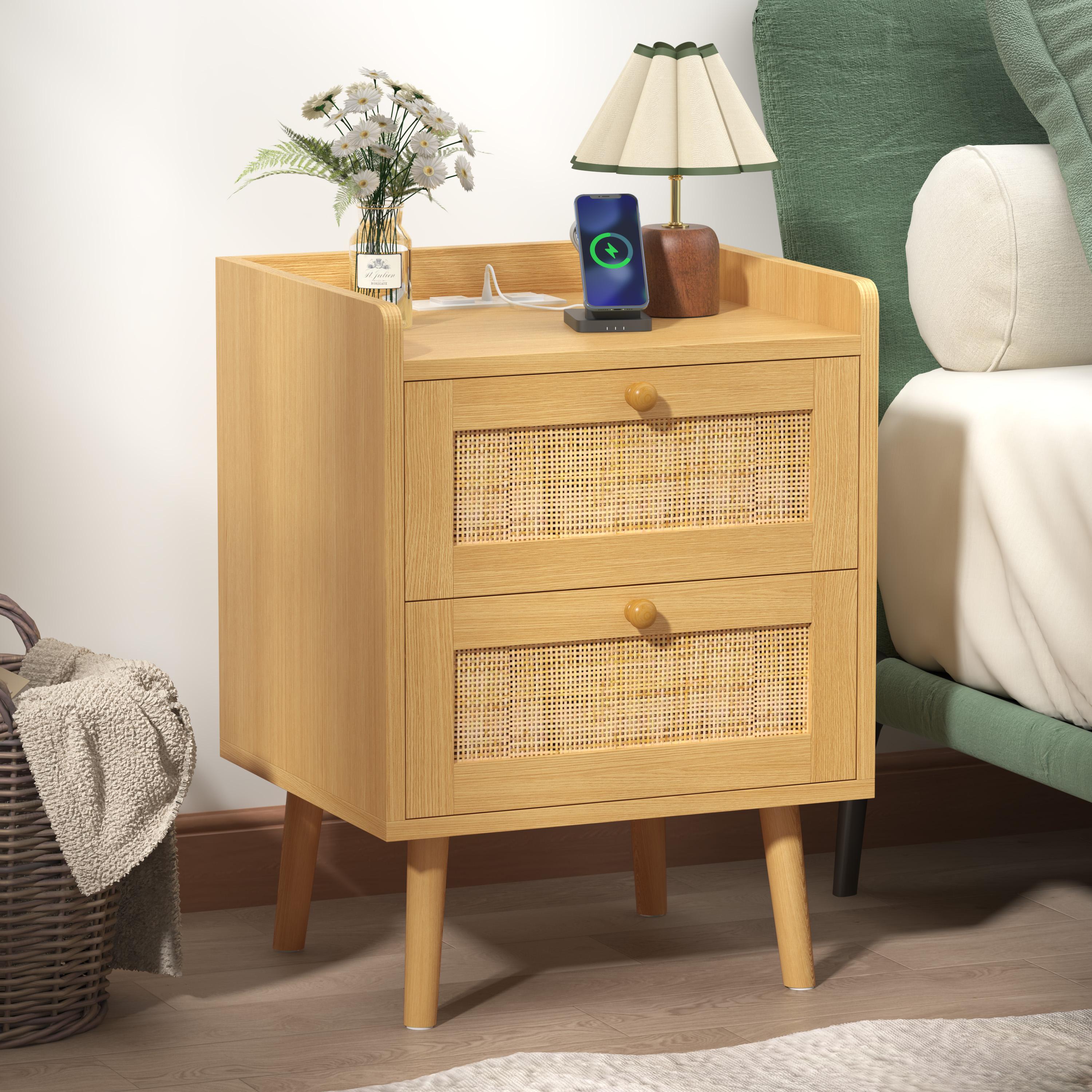 Rattan Nightstand with Charging Station, Rattan Boho End Table with 2 Drawers Bedroom Bedside Side Tables Natural Night Stand for Living Room,Bedroom,Dorm Room Essentials Rattan Nightstand with Charging Station, Rattan Boho End Table with 2 Drawers Bedroom Bedside Side Tables Natural Night Stand for Living Room,Bedroom,Dorm Room Essentials