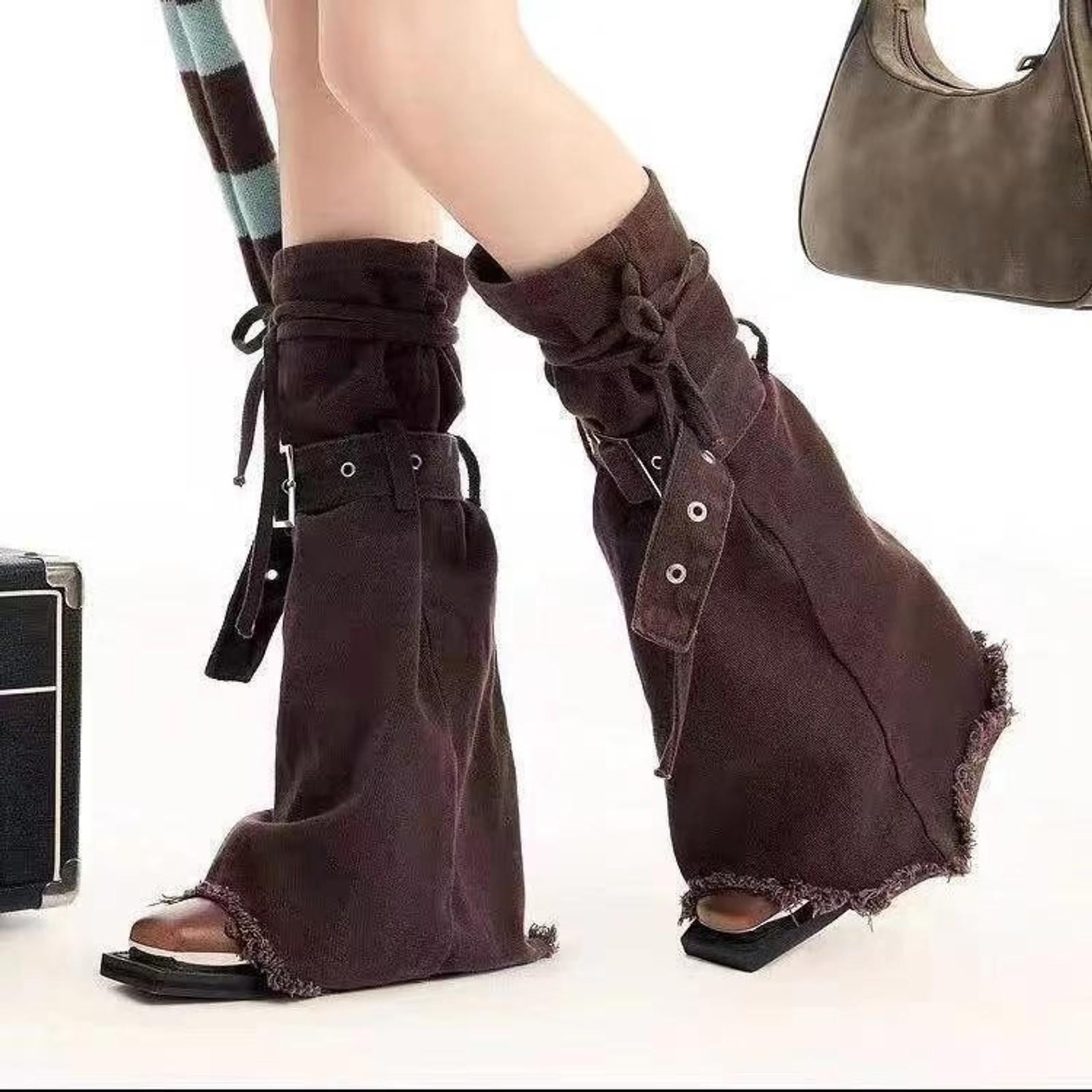 Women's Leg Warmers Boot Cuffs Loose Socks Foot Cover Harajuku Pile Sock Frayed Edge Denim Sock Set Brown Over Knee Sock