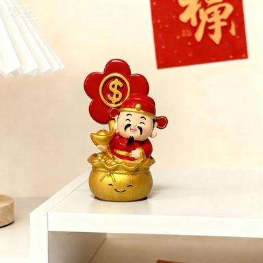 Cute Mini Resin Fortune God Figurine, Traditional, Holding Yuan Bao Money Bag, Desk/counter/car Use, Attracts Wealth