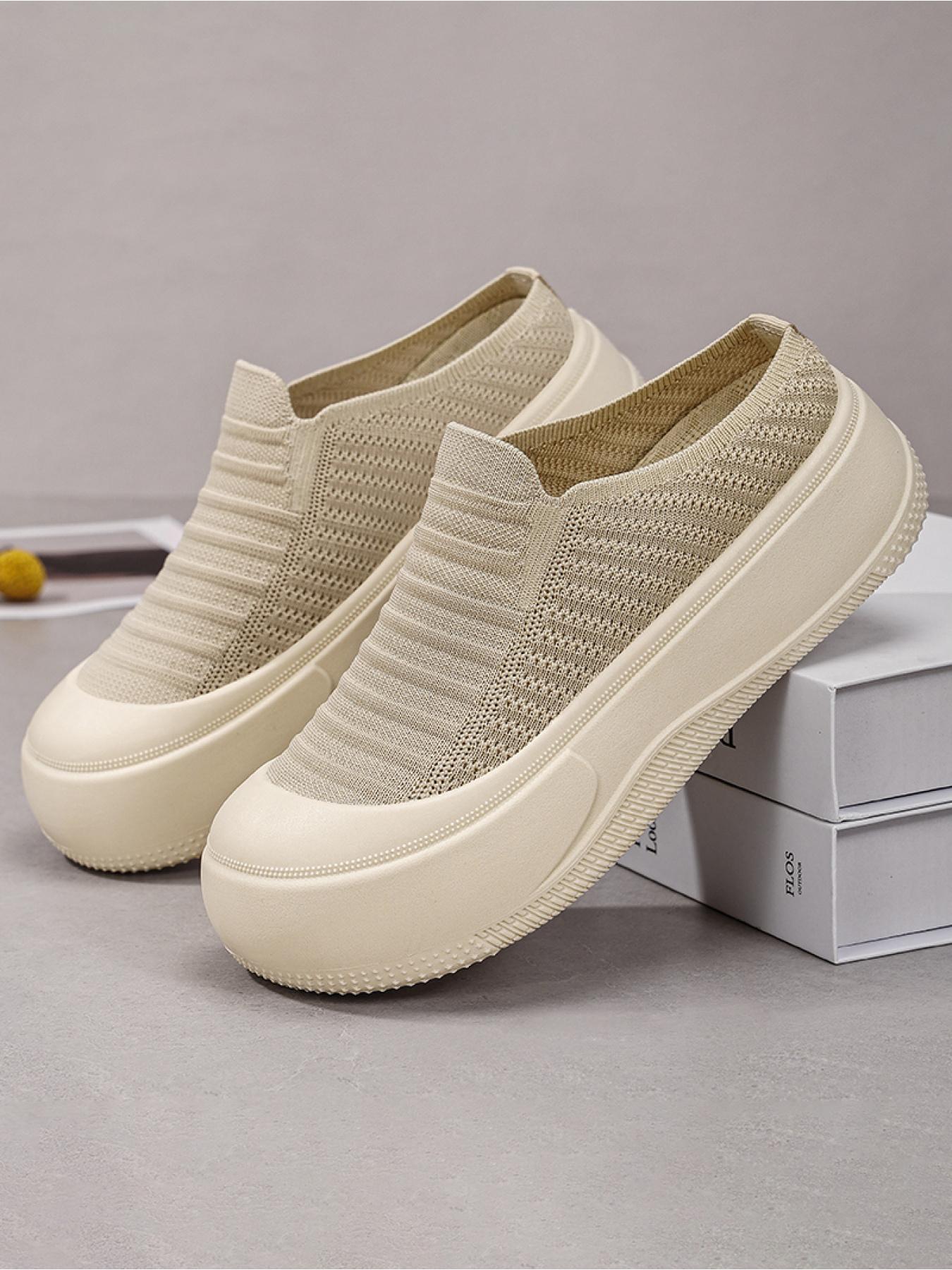 YYW1 Women's Slip-On Casual Trainers, Breathable Flyknit Textile Shoes, Thick Sole, Lightweight PVC Plain Shoes for Daily Commute, Indoor-Outdoor Wear