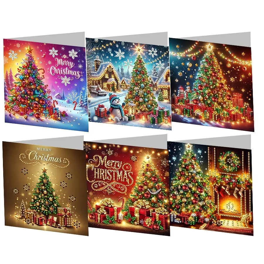 6 Painting Christmas Cards, Christmas Tree Merry Christmas Design Handmade with Envelopes, Irregular Shiny Crystal Patches, Perfect Holiday Gifts for Friends, Family, Colleagues and Elders