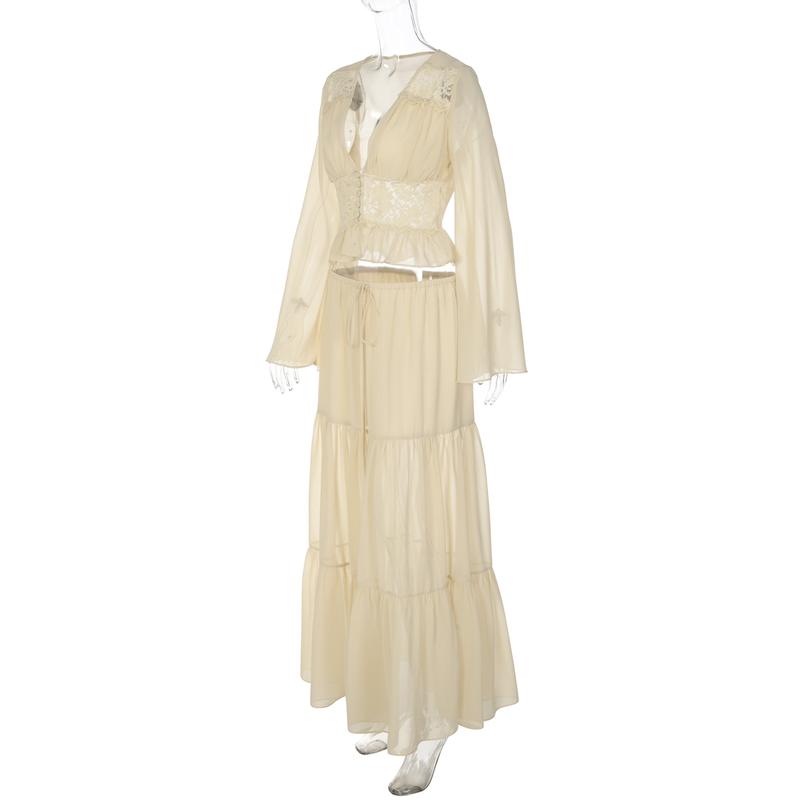 Women Spring Autumn Long Sleeve V Neck Tops Long Skirt Beach Vacation Chiffon Two Piece Set Outfit