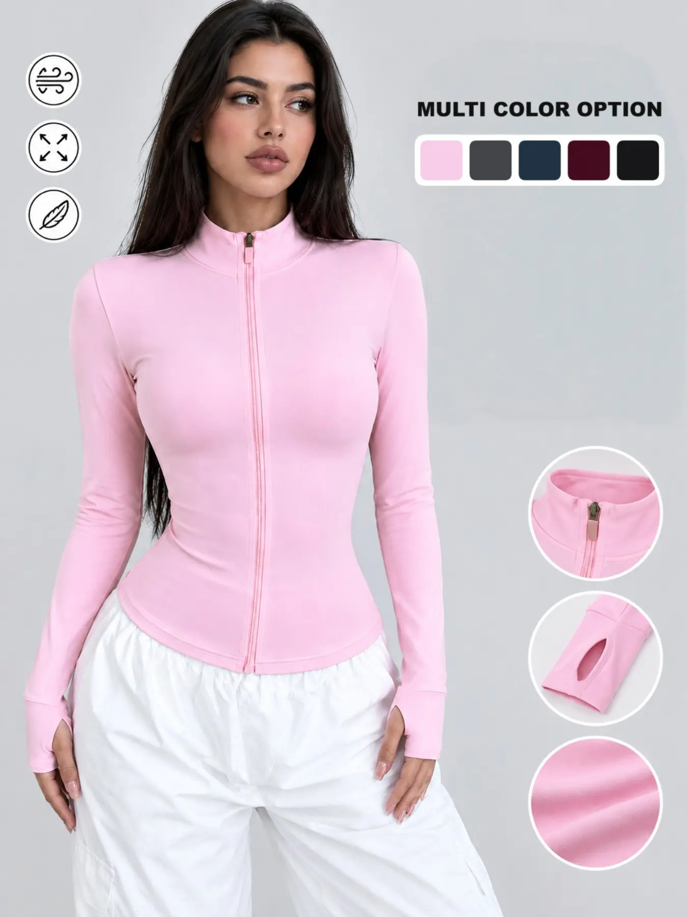 Women's Solid Zip Up Sports Jacket, Sporty Long Sleeve Outerwear, Ladies Sportswear for Indoor Outdoor Wear, Coats