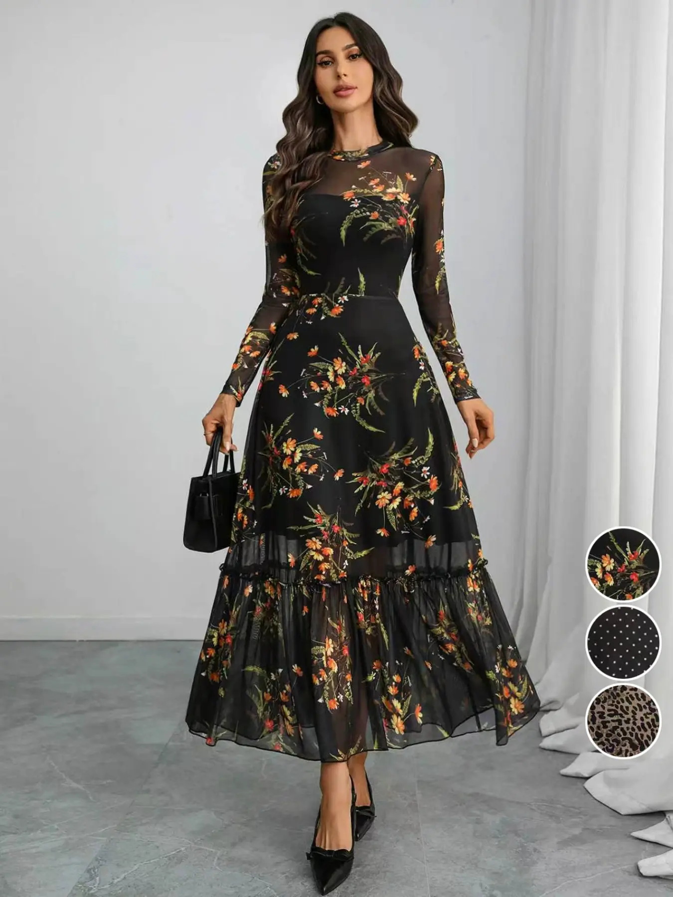 Elegant Gothic Floral Print Long Sleeve Mesh Dress, Autumn Winter Waist Cinching Patchwork, Women's Fashionable Clothing, Casual Wear
