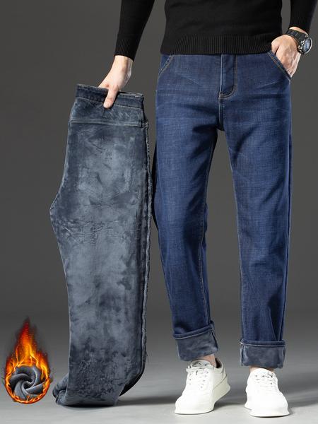 Men's Thickened Winter Fleece Jeans, Loose Straight Leg High Waist Casual Elastic Pants, Warm Long Denim Trousers for Fall & Winter