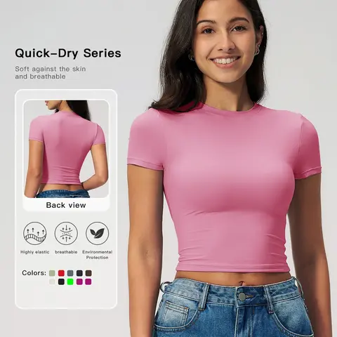 【Black Friday】Women's Quick-Dry Solid-Color Round-Neck Cropped Sports Tee, Fitted Short-Sleeve T-Shirt for Yoga, Gym Workouts, and Running, Casual Summer Activewear #GLOBAL PICKS