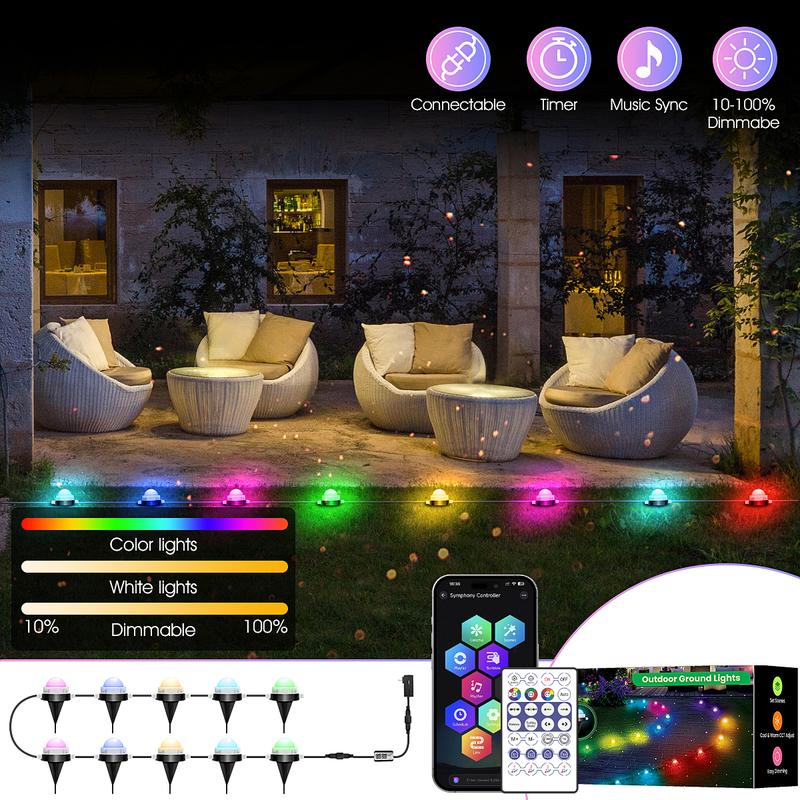 Customizable Ground Lighting 50ft/100ft/150ft RGB+IC Smart Path LightLight Outdoor Waterproof IP67 App and Remote Control with Music Sync 63 Color Changing Modes Timer Voice Control via Alexa for Lawn Garden Patio Yard Decoration