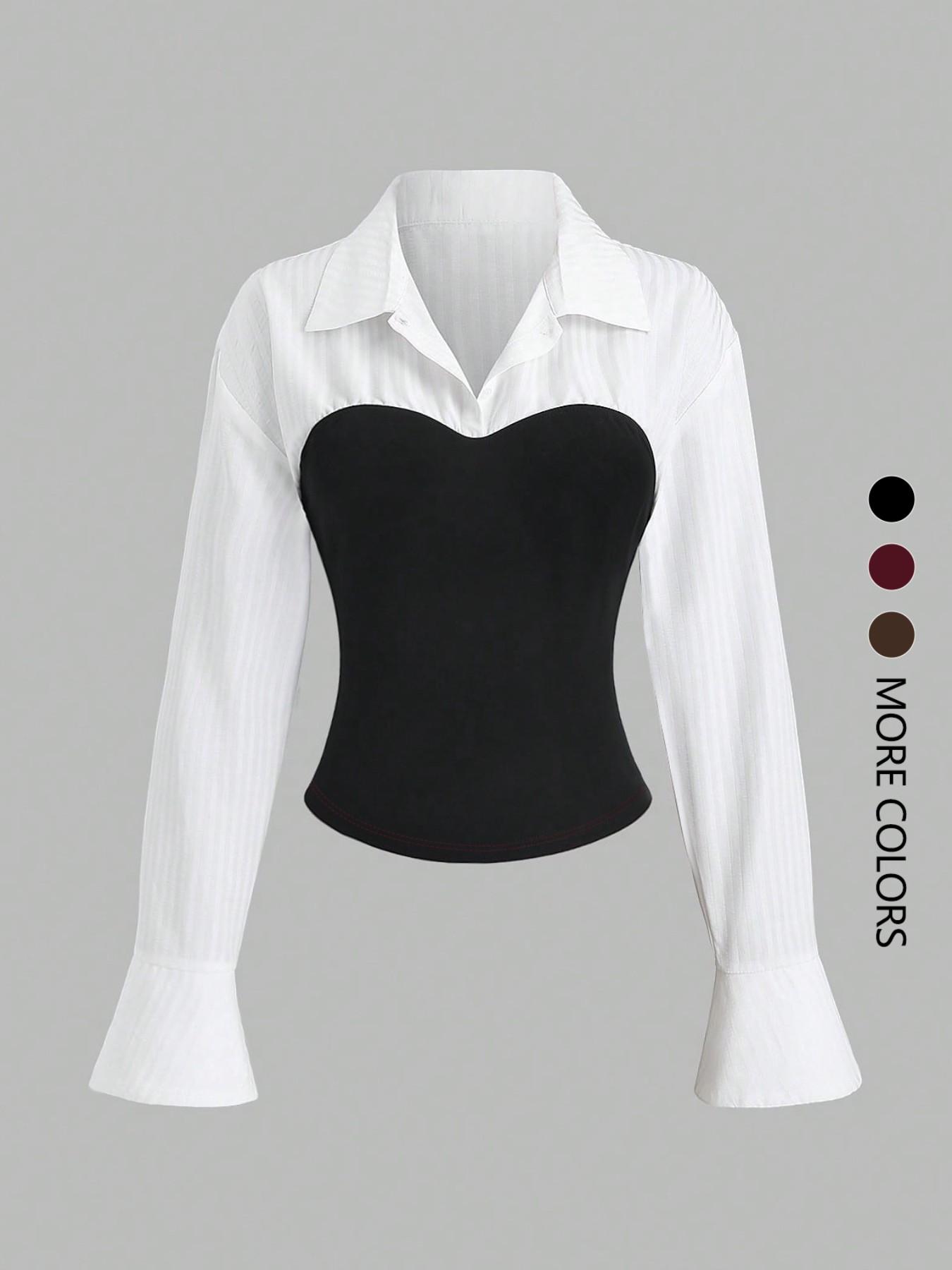 This women's white slim long-sleeved blouse with puff sleeves and patchwork design is elegant and versatile, suitable for everyday wear and various occasions.