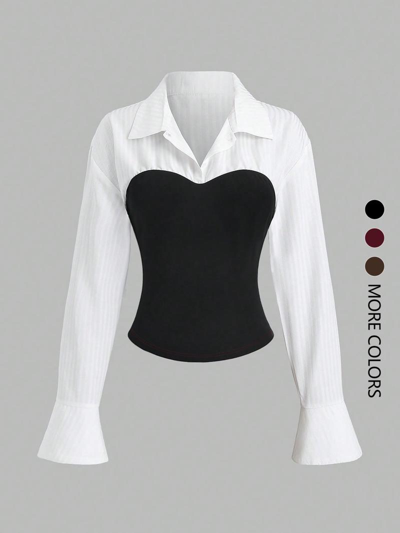 This women's white long-sleeved blouse with puff sleeves and patchwork design is elegant and versatile, suitable for everyday wear and various occasions.