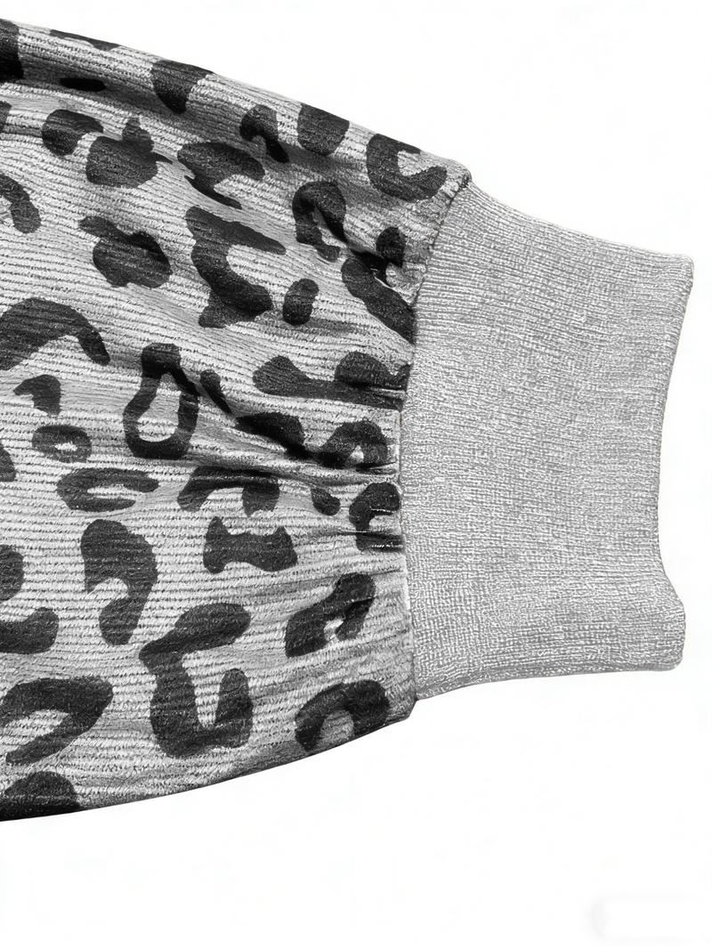 Plus Women Leopard Print Long Sleeve Casual Sweatshirt – Half-Zip V-Neck & Puff Sleeves Design, Perfect for Y2K Grunge or Casual Lazy Vibes, Soft Knit Fabric with Contrast Trim