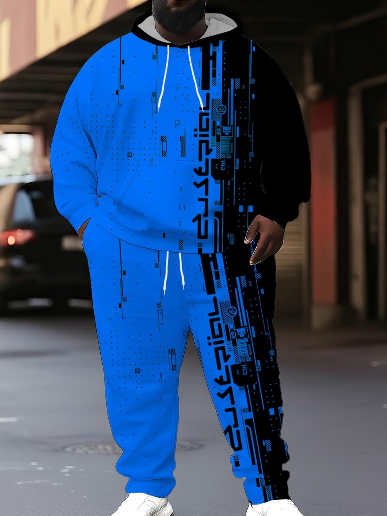 Plus Size Men's 2-Piece Set, Blue Vertical Letter Cyber Sweatshirt and Pants, Bright Blue Particle Patch Full Print Hooded Set