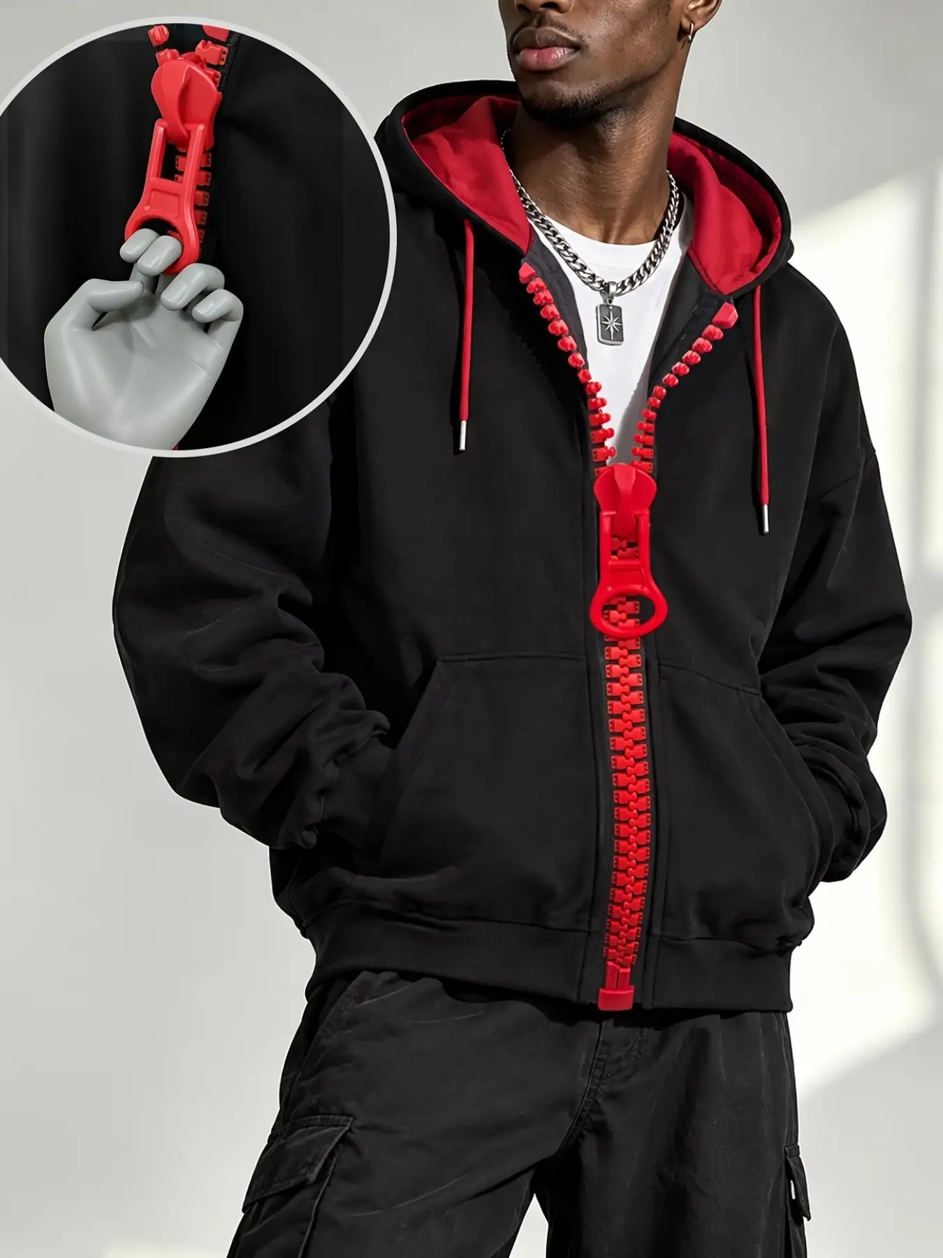 Men's Unique Large Red Zipper Hooded Jacket, Black Red Color Block Loose Shoulder Casual Open Front Sweatshirt, Street Style Hoodie