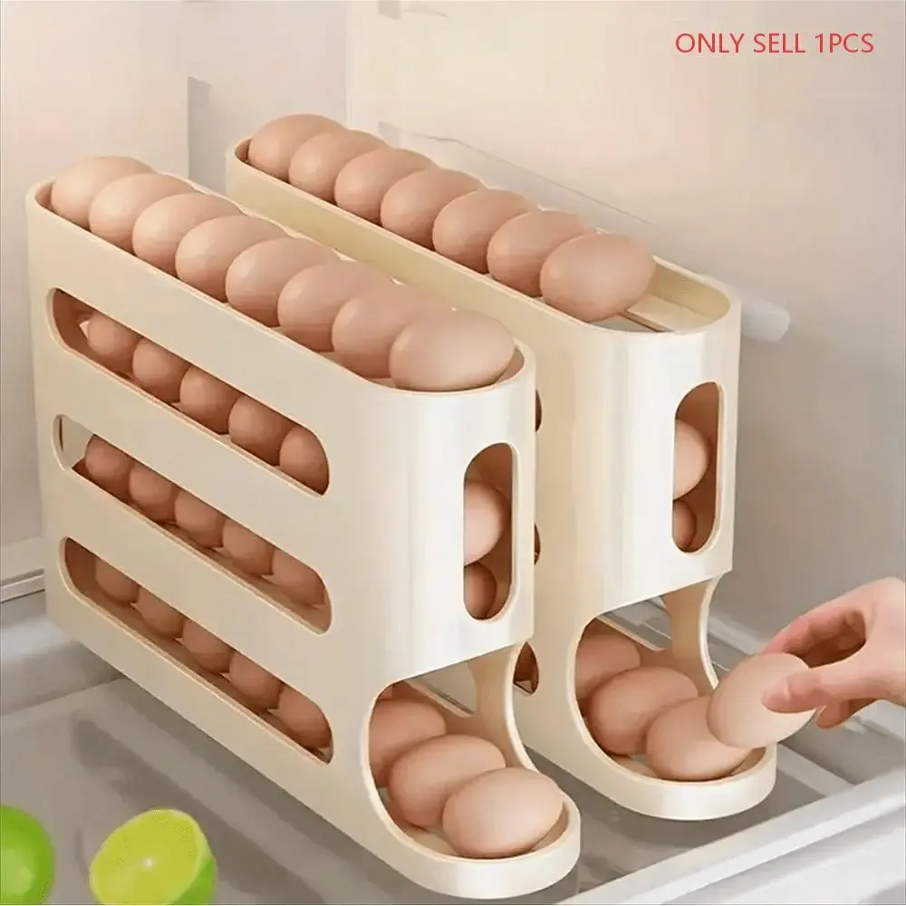 4-tier Rolling Egg Storage Box for Refrigerator Side Door, Large Capacity Egg Fresh-keeping Holder. Built with Durable PP Material. Designed for Fridge Storage, Necessary Fresh-keeping Tool in Your Kitchen. Refrigerator Accessories
