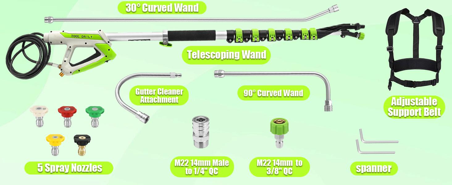Tool Daily 21 FT Telescoping Pressure Washer Wand with Brush, Power Washer Extension Wand, Aluminum Telescopic Gutter Cleaner with 3 Curve Wands, 5 Spray Nozzle Tips and Adjustable Belt, 4000 PSI Tool Daily 21 FT Telescoping Pressure Washer Wand with Brush, Power Washer Extension Wand, Aluminum Telescopic Gutter Cleaner with 3 Curve Wands, 5 Spray Nozzle Tips and Adjustable Belt, 4000 PSI