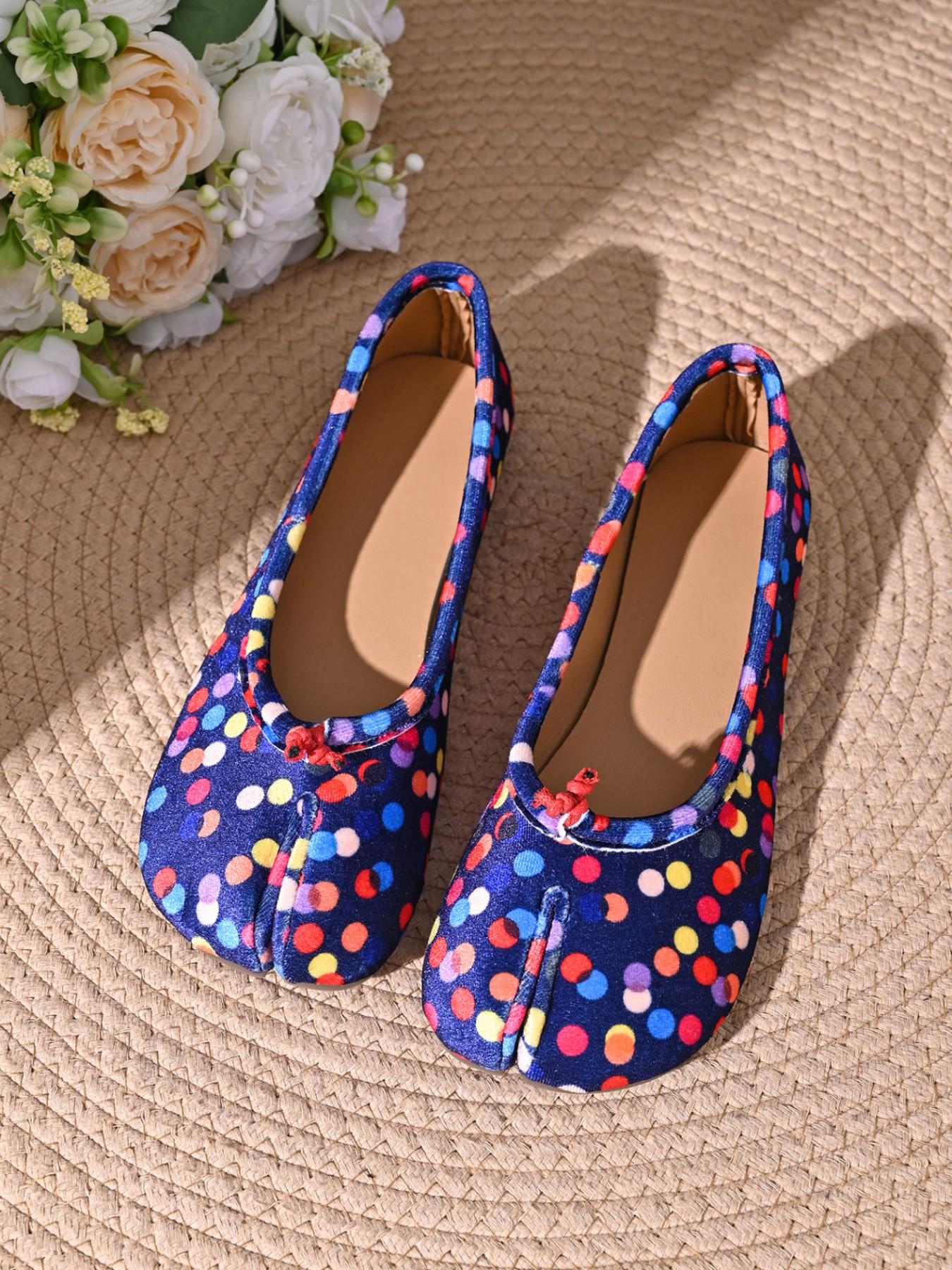Women Colorful Polka Dot Split Toe Ballet Flats, Soft Fabric Slip On Casual Tabi Flat Shoes, Summer Flats