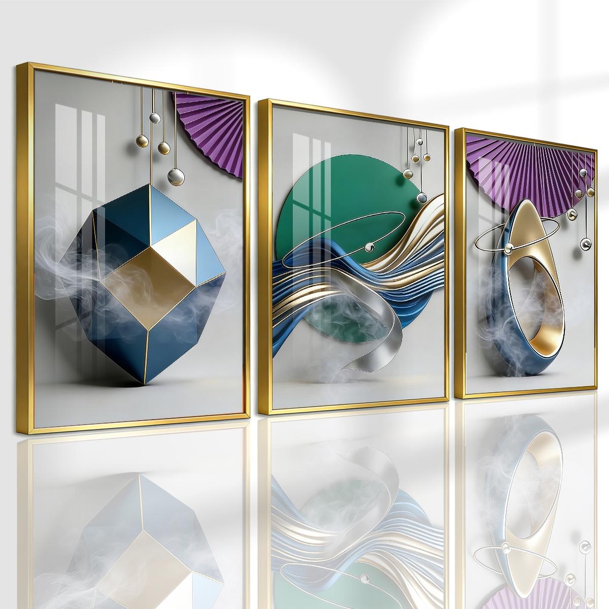 3 Counts Aluminum Alloy Framed Painting, Geometric Abstract Metallic Shapes And Smoke Art Pictures, Home Decoration For Living Room, Bedroom, Office, Restaurant, Hallway Wall Decor, Odorless Print Artwork, Luxury Perfect Gift For Friends And Family