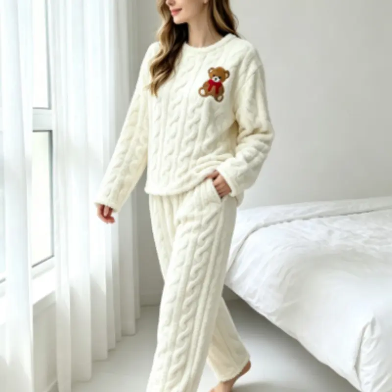 Women's Fall Winter Flannel Pajama Set, Cartoon Bear Embroidery, Long Sleeve Loose-Fit, Casual Home Wear, Reusable Sleepwear, Pjs