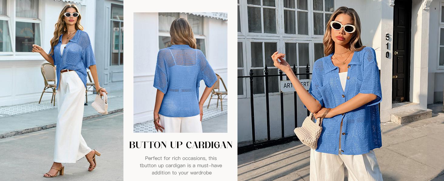 FISOEW Womens Crochet Lightweight Cardigan Sweaters Short Sleeve Summer Button Down Collared Loose Cover Up Shirts Tops Jeans FISOEW Womens Crochet Lightweight Cardigan Sweaters Short Sleeve Summer Button Down Collared Loose Cover Up Shirts Tops Jeans