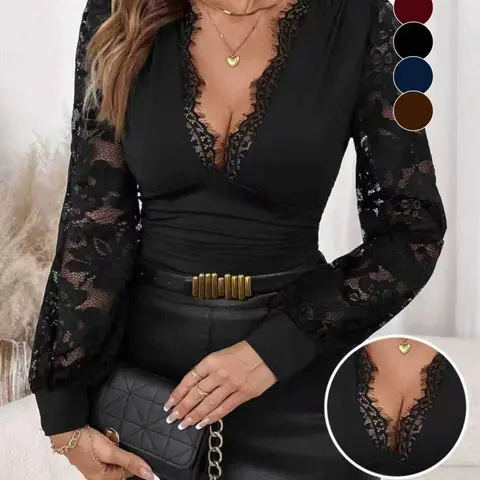 Women's Spring Autumn Fashion Knit Lace Trim Long Sleeve Top Blouse, V Neck Slim Fit Ruched Elastic Elegant Casual T-Shirt