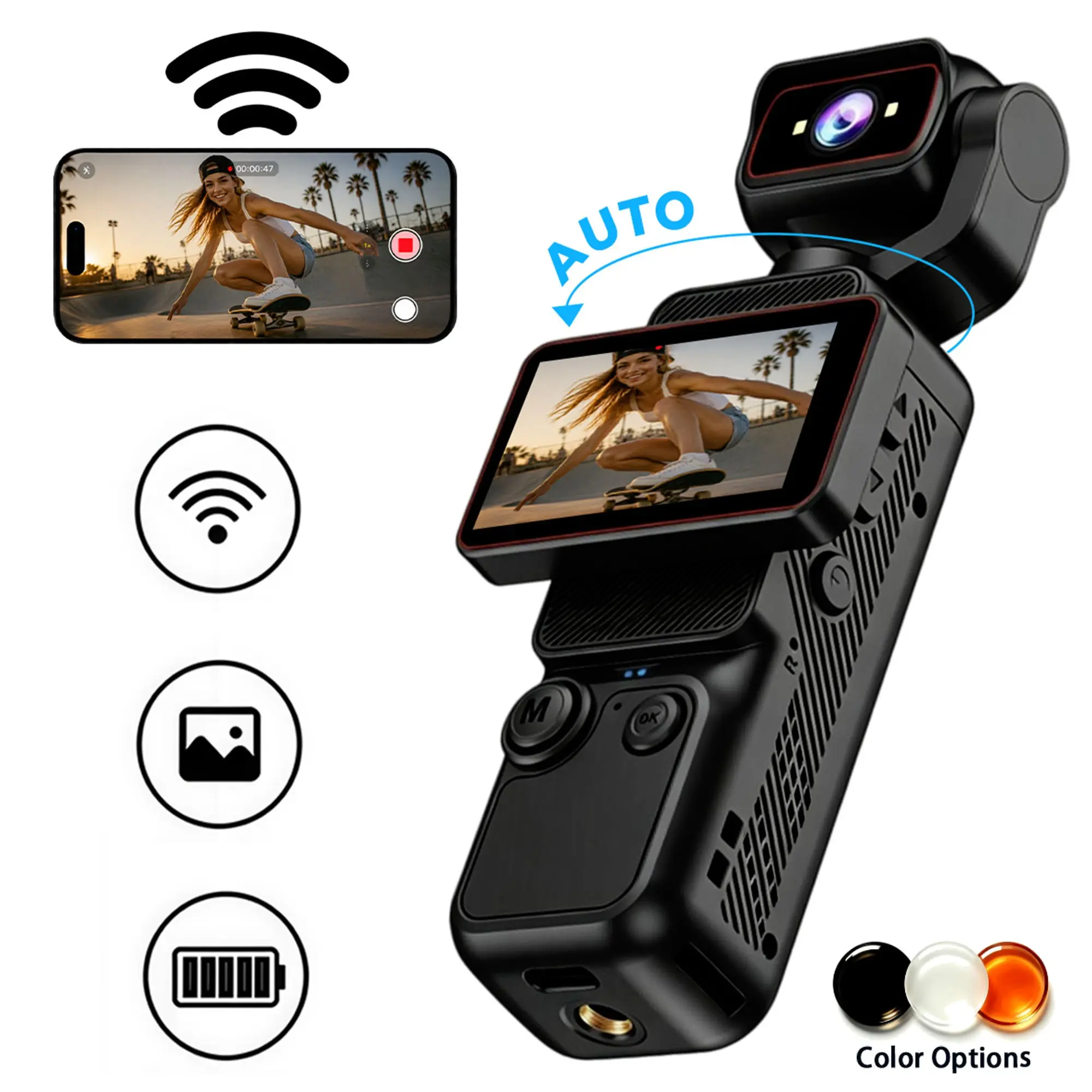 Portable HD Gimbal Camera, Pocket Vlogging Camera with 180° Auto Rotating Lens, Smooth Stabilized Video, WiFi Connection, 6X Digital Zoom, Type-C Charging for Travel, Camping & Content Creation