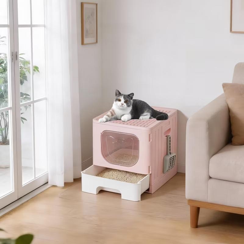 Large Foldable Covered Cat Litter Box with Drawer Design, Includes Free Cat Litter Scoop, Anti-Splashing and Odor-Locking Structure, Easy-to-Clean Pull-Out Tray, Foldable for Space-Saving Storage