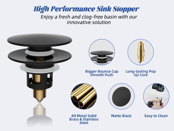 Hibbent  All Metal Bathroom Sink Stopper, Universal Pop Up Drain Strainer, Brass Bullet Core Push Type Sink Stopper for 1.1''~2.3'' Basin, Big Push Button, Anti Clogging Filter