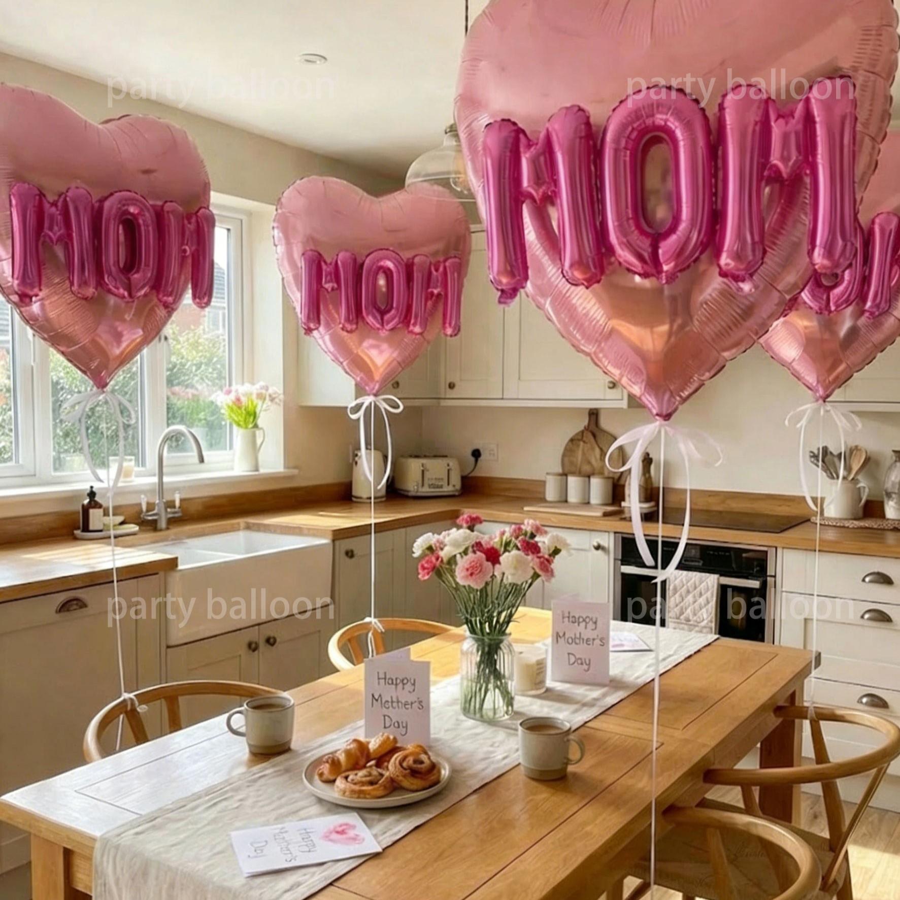 6 Heart Foil Balloons Set, Mother's Day Gift, 32 Inch Love Heart, 16 Inch Mom Letter, Home Decor, Party Props, Store Display